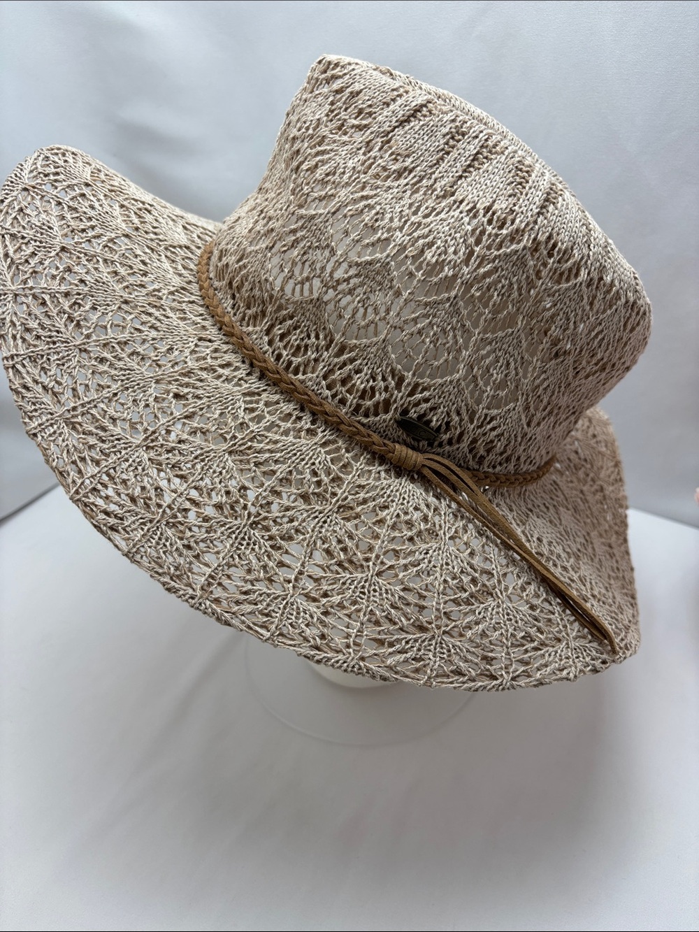 C.C Exclusives Womens Beige Lace Knit Panama Sun Hat W/ Braided Band #516